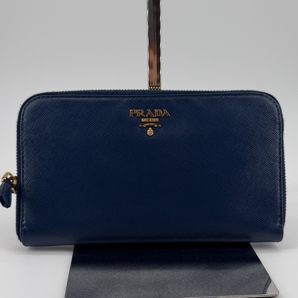 Prada Navy Leather Zip-Around Wallet